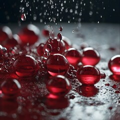 Red Glass Marbles Falling on Wet Surface in Close Up
