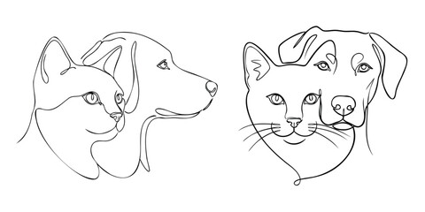 Outline vector silhouette of a cat and dog portrait