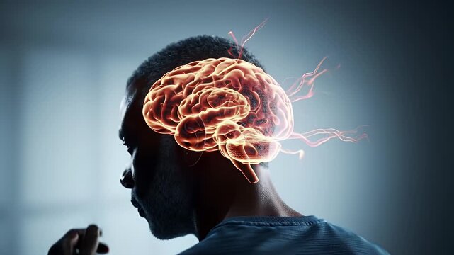 Middle Aged African Man Silhouette with Glowing Brain Visualization and Headache in Studio Setting Depicting Neurological Issues and Mental Health Concerns Under Soft Lighting