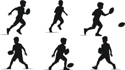 Silhouette boy playing rugby, child holding ball, running athlete figure, sports activity, outdoor game, black shadow illustration, young player training exercise