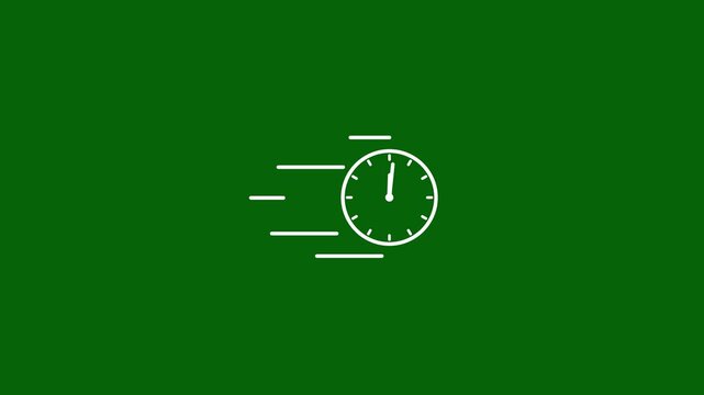 White line icon of a clock with motion lines on a solid green background time speed
