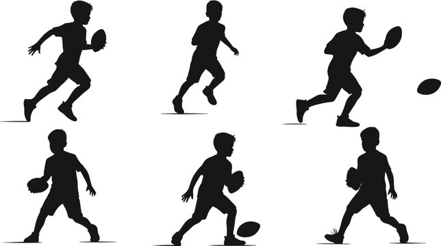 Silhouette boy playing rugby, child holding ball, running athlete figure, sports activity, outdoor game, black shadow illustration, young player training exercise - Powered by Adobe