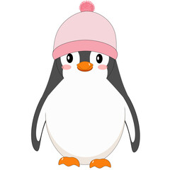 Cute Cartoon Penguin Wearing Pink Winter Hat Illustration