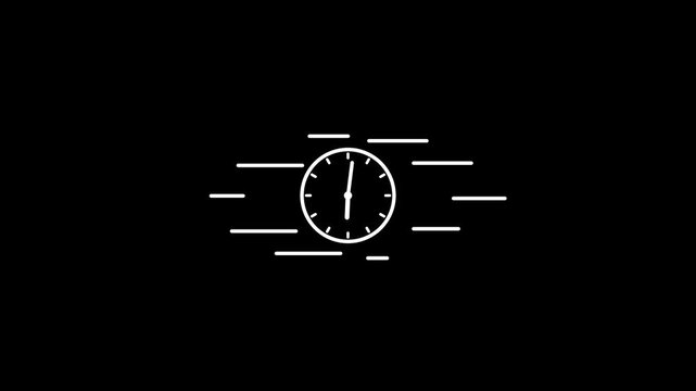 White outline of a clock with motion lines on a black background time speed