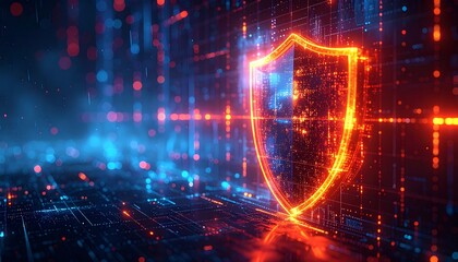 Abstract concept of a glowing warning shield icon on a cyber grid background, representing data breach and online vulnerability