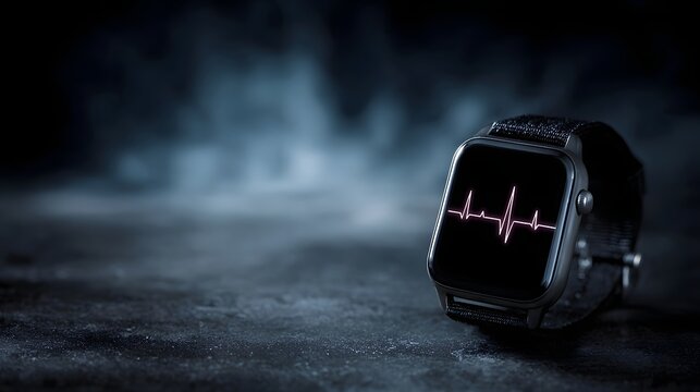 A modern smartwatch displays a digital heart rate ECG waveform on its screen against a dark atmospheric background - Powered by Adobe