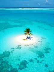 tiny little sandy island with palm tree and white sand beach in the turquoise lagoon of Cocos Keeling atollm landscapephotography