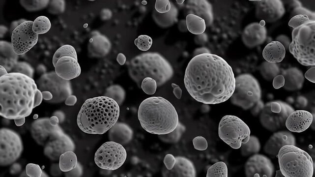 Scanning Electron Microscope Animation of Microscopic Particles on Dark Gray Background with Subtle Motion and High Detail Industrial Research and Scientific Visualization Focus