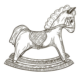 Cute rocking horse isolated on white. Baby horse toy sketch. Kids toy. Childhood