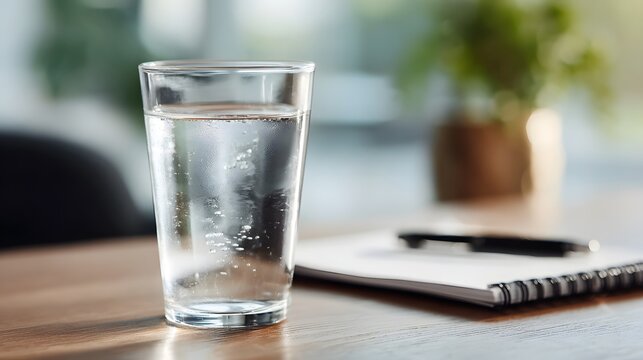 A clear glass of sparkling water sits on a wooden desk next to a notebook and pen bathed in bright natural light - Powered by Adobe