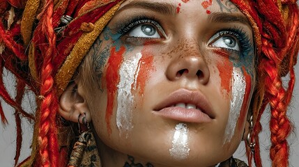 Woman with red dreadlocks and painted face looking up