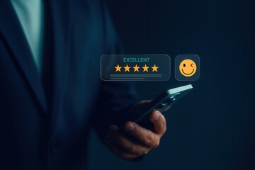 Excellent customer review rating with five stars and smiley face icon,positive testimonial feedback from satisfied client,user experience satisfaction on mobile application interface