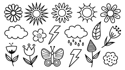 Hand drawn nature doodles collection. Simple black outline drawings.