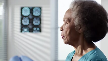 Profile of Elderly African American Woman with Gray Hair Pondering Brain Scan Results in Brightly Lit Doctor's Office Looking Worried in Medical Context Background is White