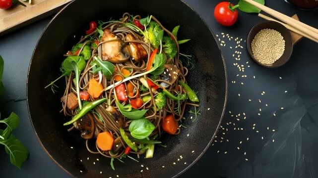 Asian cuisine dish, buckwheat soba noodles or Egg noodles, udon with vegetables, served in plate with chopsticks. National Japanese dish.	