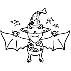 halloween illustration bat wearing a whimsical witch hat in doodle line style