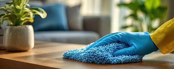 People clean the floor using lint free cloth concept. A person cleaning a wooden table with a blue cloth and glove.