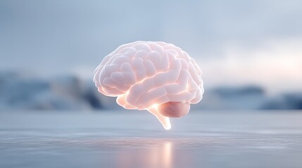 Glowing Holographic AI Brain Visualization Over Frozen Landscape in Cinematic Lighting