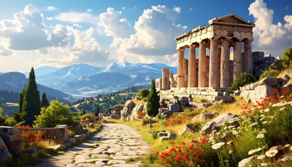 Obraz premium Ancient temple ruins on a hilltop, overlooking a valley and mountains under a bright sunny sky