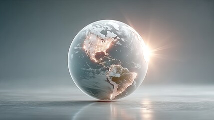 Glowing Holographic Earth Globe with Data Lines and Bright Lens Flare on Gray Background