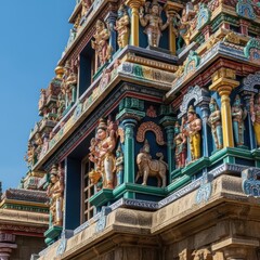 Obraz premium vibrant temple architecture with intricate carvings and colorful sculptures showcasing cultural heritage and artistry - AI Generated Digital Art