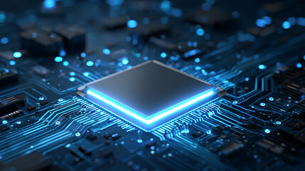 CPU with Light Glowing Neon Frame on Circuit Board. Technology Semiconductor on Blue Background. Empty AI Chip. Digital Tech Bg. Big Data and Artificial Intelligence Concept. Vector Illustration. Stoc
