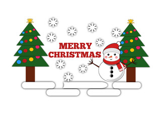 Festive Christmas logo with snowman, trees and snowflakes for holiday greetings.
