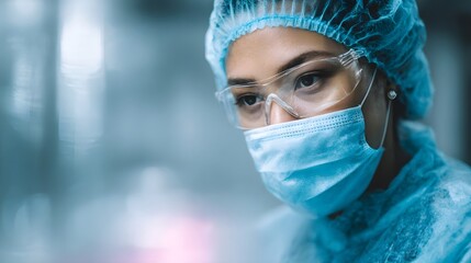 A focused medical professional wearing protective gear in a sterile laboratory setting