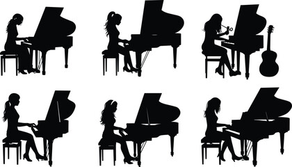 Silhouette women playing piano, girl sitting at grand piano, female musician practice, classical music performance, elegant posture, artistic instrument illustration