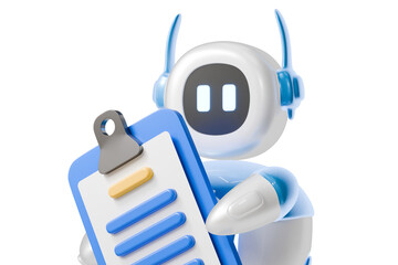 3d ai robot holding clipboard icon. task management concept. Minimal cartoon bot assistant mascot for project management banner. isolated on white background. 3d render.