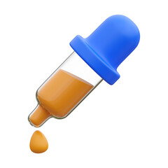3D Render of Orange Liquid Droplet Dispensing From Blue Dropper Transparent Background