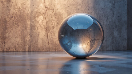 A reflective sphere rests on a smooth surface, illuminated by a warm light, with a textured wall in the background.