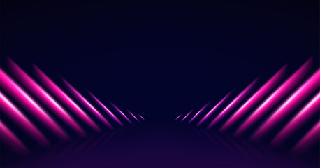 Neon dynamic light lines against a dark background. Futuristic technological corridor, illuminated shining beams light. Conceptual design for a stage or show.