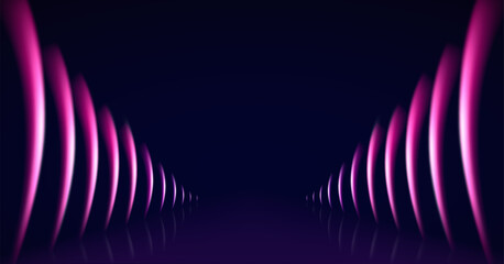 Neon dynamic glowing bright lines on a dark background. Futuristic technological corridor, illuminated shining beams light. Conceptual design for a stage or show.