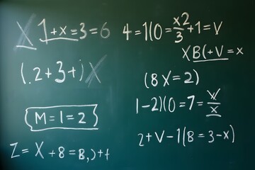 A chalkboard showing both erased and fresh equations.
