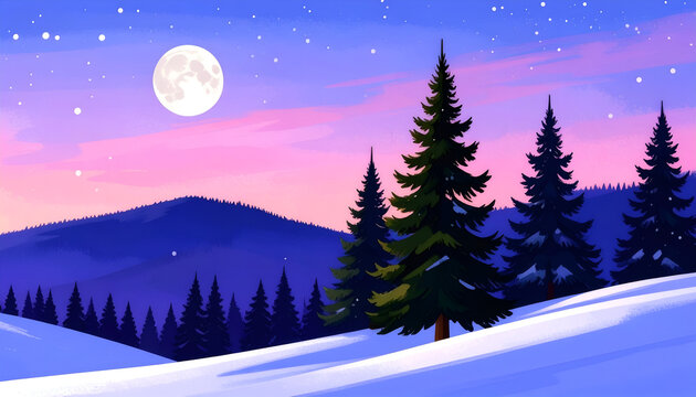 Winter Night Landscape with Full Moon