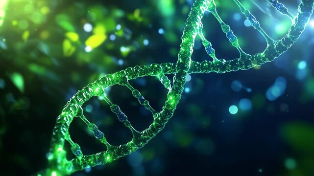 Abstract science green background with glowing bubbles and DNA , 4K video clip , on blurred background