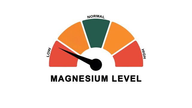 Animated magnesium level meter moving from low level to normal level, ideal for concepts related to electrolyte balance, nutrition, and medical monitoring