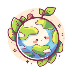 Happy Earth planet smiling, joyful cartoon illustration with green leaf promoting environmental