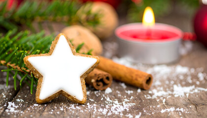 Christmas Star Cookie with Candle and Cinnamon Sticks