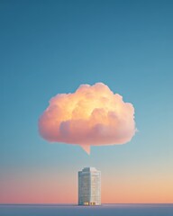 Isolated modern office building with a speech bubble icon, symbolizing communication and dialogue.