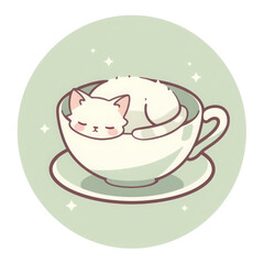 Fototapeta premium Cute white cat sleeping peacefully curled in teacup, an adorable cartoon illustration