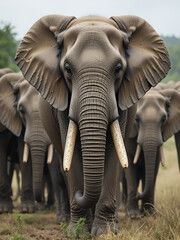 African elephant herd with tuskless matriarch
