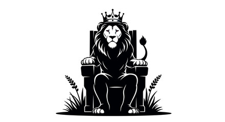 Majestic Lion King Sitting On Throne With Crown And Grass Silhouette vector illustration