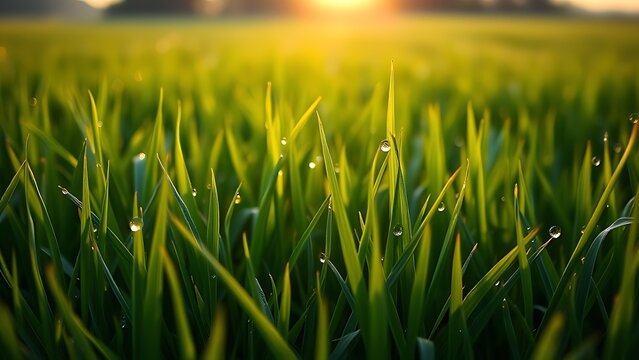 A tranquil sunrise over a lush green field, dewdrops glistening like tiny jewels in the morning light.
