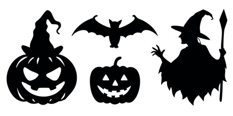 Obraz premium Vector Silhouette Set of Halloween Objects Pumpkin Lantern Bat and Witch Hat