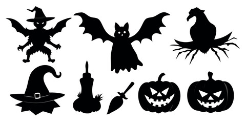 Fototapeta premium Vector Silhouette Set of Halloween Objects Pumpkin Lantern Bat and Witch Hat