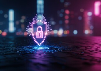 Cybersecurity shield with lock in a digital city
