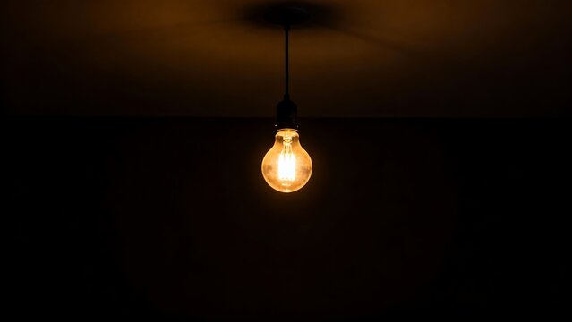 A single warm glowing incandescent light bulb illuminating a dark room.
