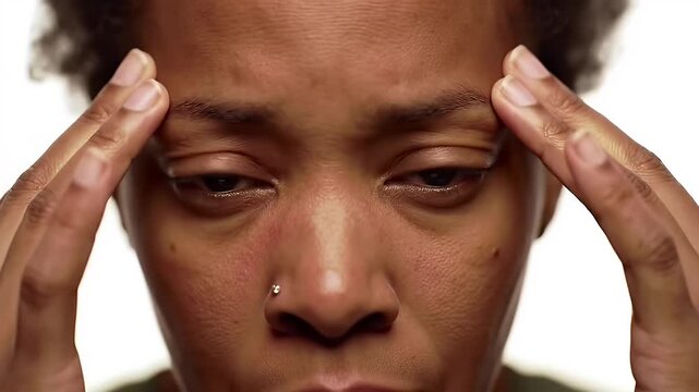 Stressed Woman Massaging Temples in White Background Close-Up Showing Frustration and Discomfort Featuring Dark Hair and Olive Skin with Natural Lighting Portrait in Studio Setting